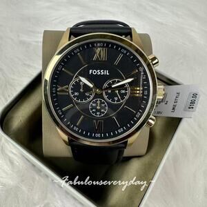 FOSSIL Men's Flynn Chronograph Black Leather Watch 48mm Black/Gold BQ2823 NWT